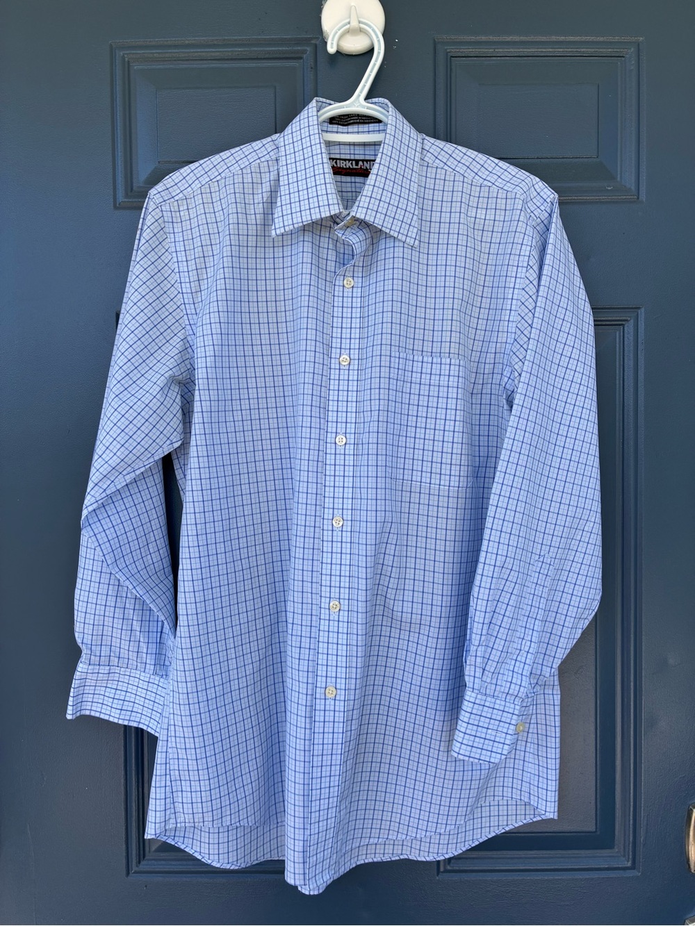 Blue and White Checked Dress Shirt - Men's No-Iron; Size 15.5
